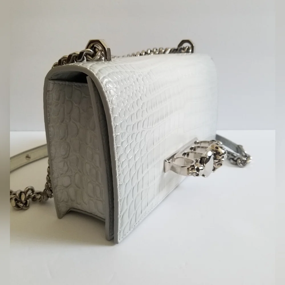 Alexander McQueen Medium Four Ring Croc-Embossed Leather Crossbody Light Gray - Picture 3 of 11